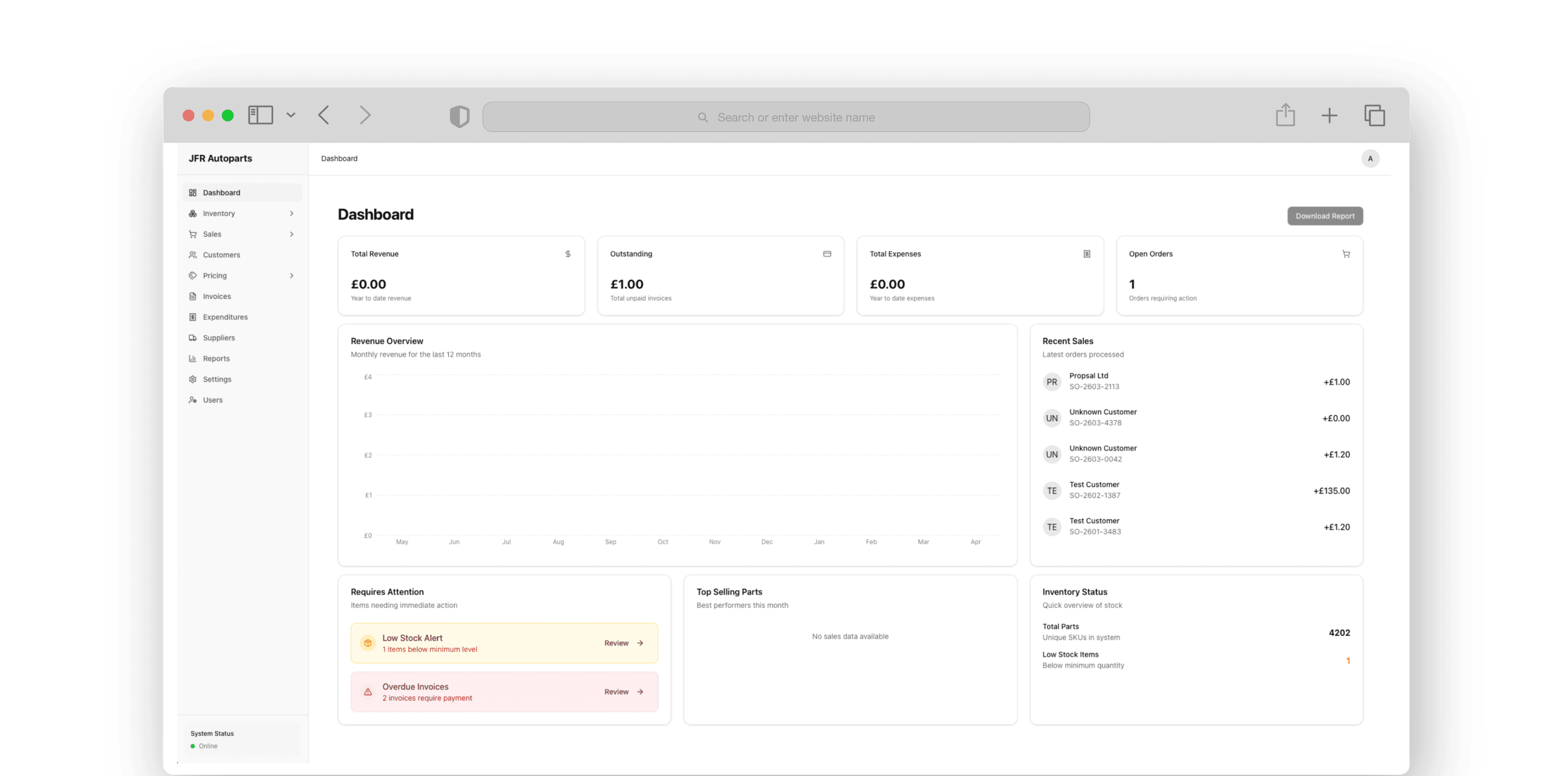 JFR Autoparts interface
